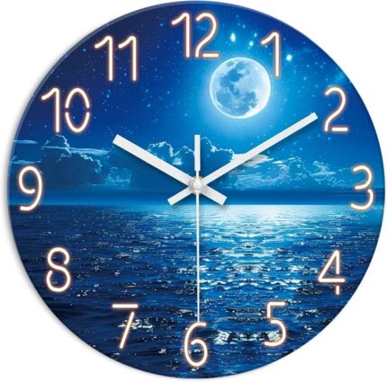 XFM Blue Wall Clock 12 Inch Moon Wall Clocks Battery Operated Silent Non Ticking Modern Decorative Round Analog Clock for Living Room Bedroom Kitchen Office