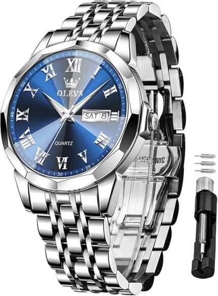 OLEVS Mens Watches Dress Waterproof Watch with Date Day Analog Quartz Wrist Watch Large Roman Numerals Classic Luxury Luminous Scales 41mm Big Face Reloj para Hombre