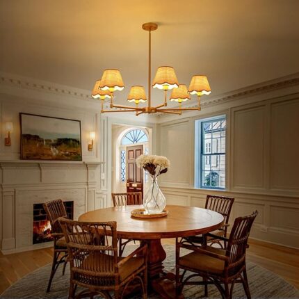 Farmhouse Rattan Chandelier Light Fixture, 6-Light Boho Chandeliers for Dining Room, Adjustable Rustic Pendant Light Large Modern Gold Hanging Lighting for Kitchen Island, Living Room